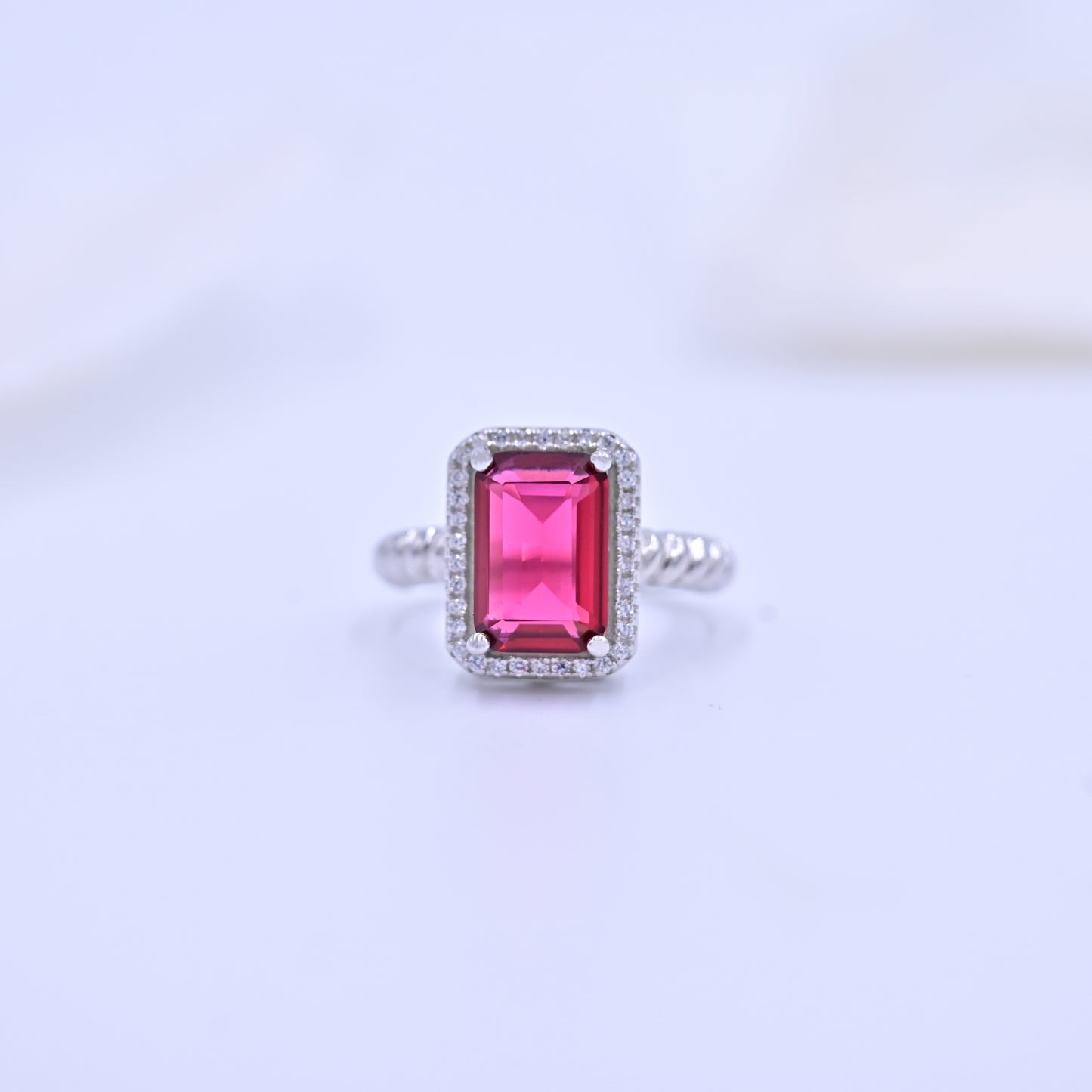 Sterling Silver Emerald-Cut Ruby Red Halo Ring