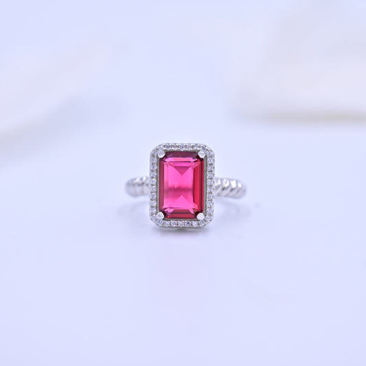 Sterling Silver Emerald-Cut Ruby Red Halo Ring