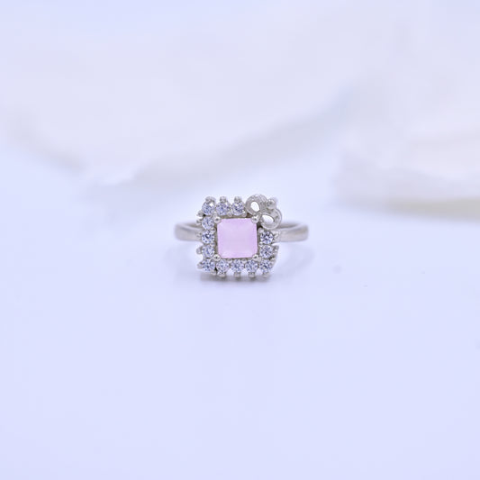 Silver Pink Stone Floral Accent Ring