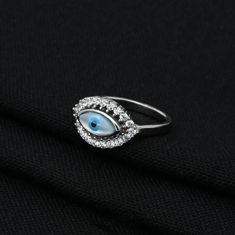 Silver Studded Evil Eyes Girls Ring
