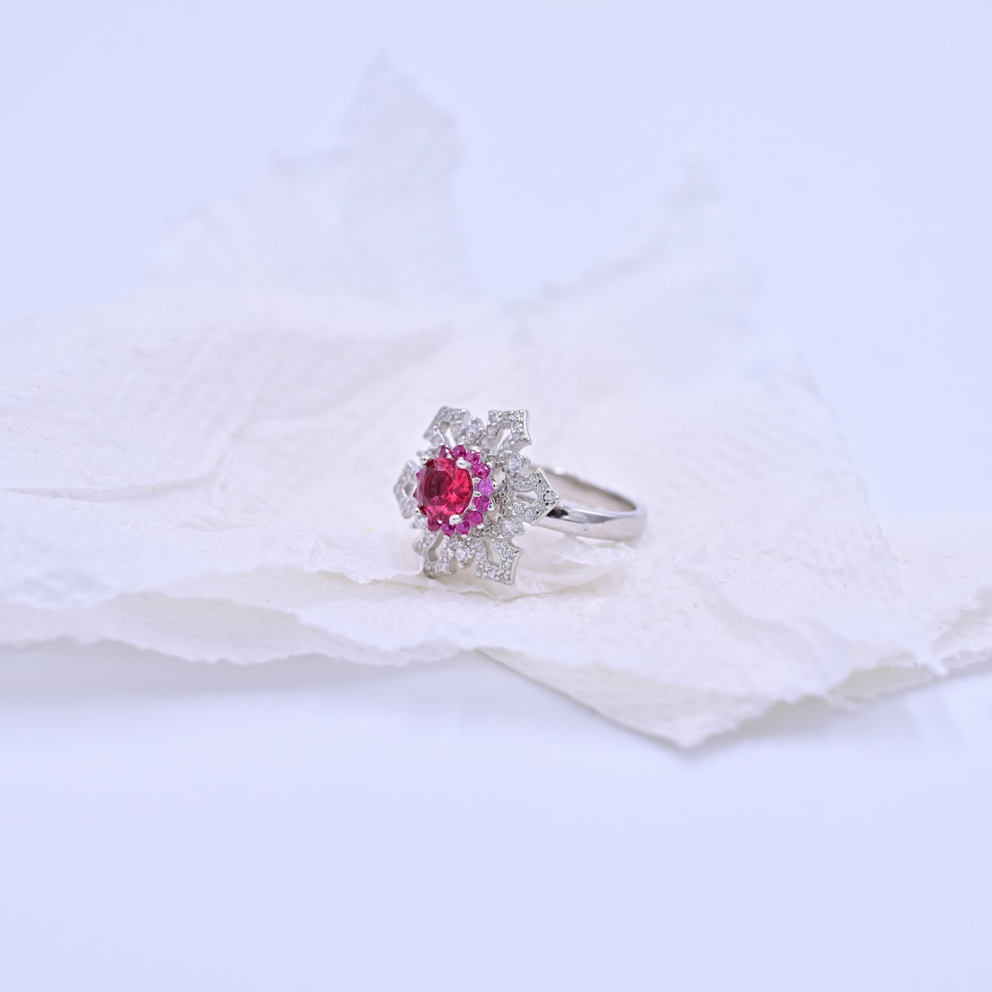 Silver Floral Ruby Stone Ring