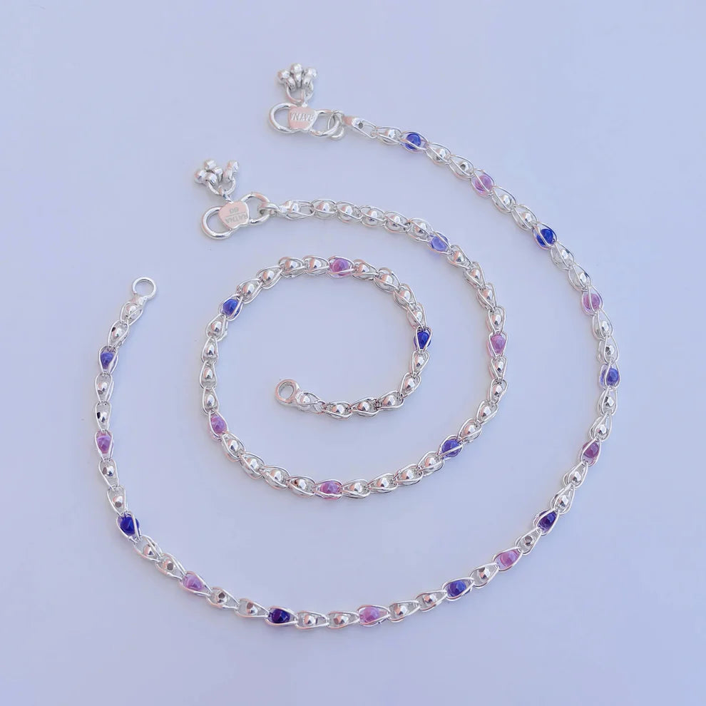 Multiple Beads Stylish Silver Chain Payal