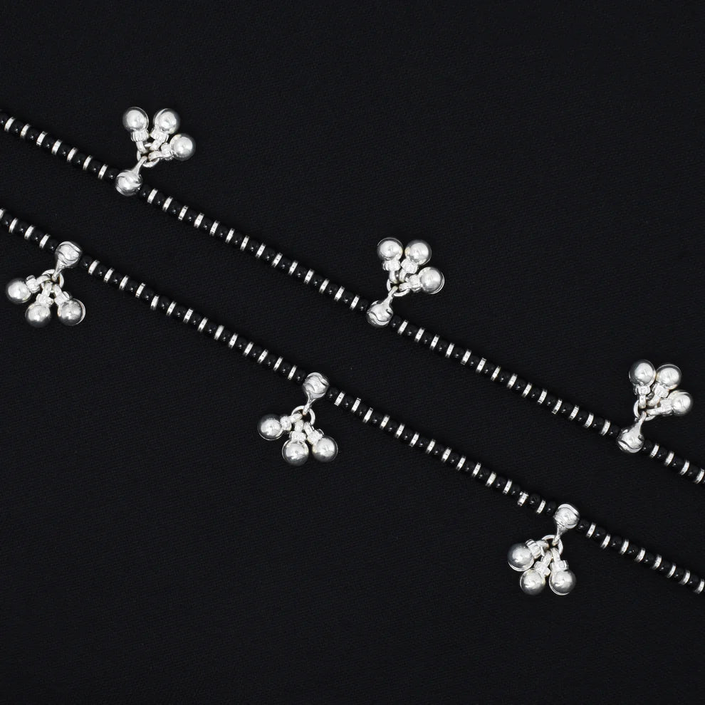 Traditional Silver Payal with Black Beads and Ghungroo