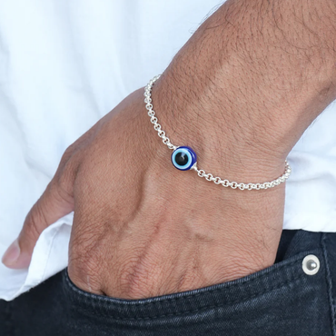Silver Center Round Shape Blue Evil Eye Bracelet