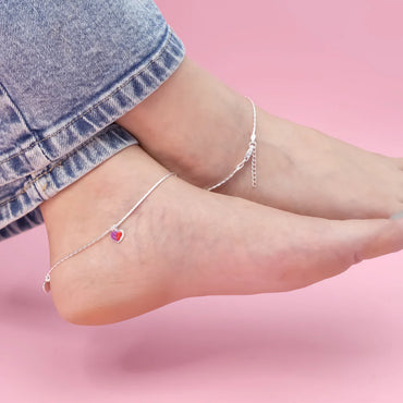 Two-Tone Love Heart Silver Anklet