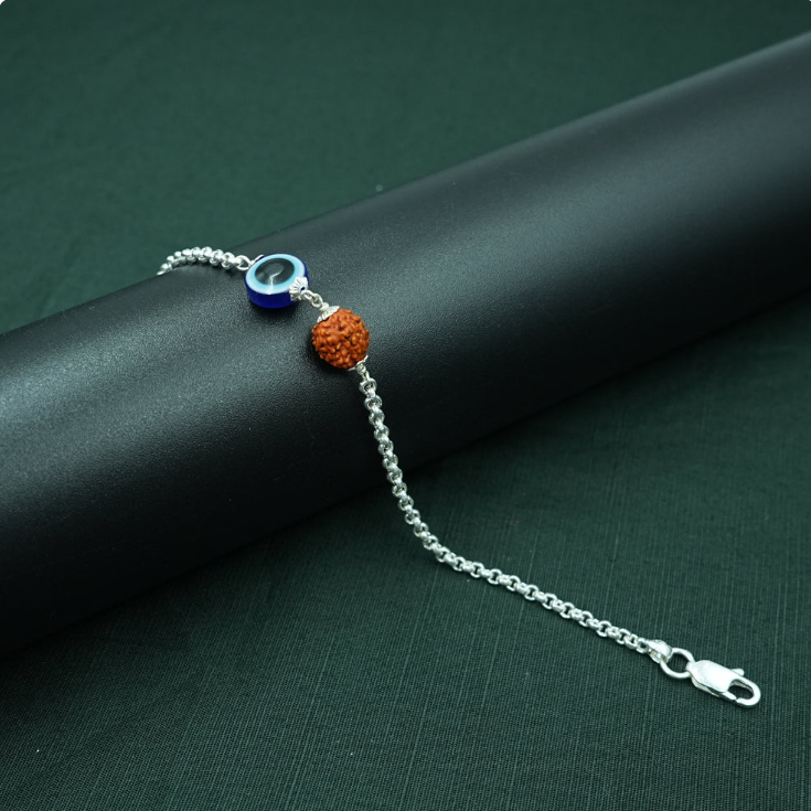 Elegant Evil Eye Charm Silver Bracelet Adorned with Rudraksha