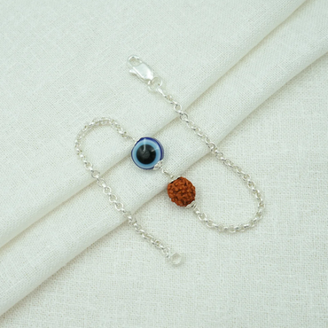 Elegant Evil Eye Charm Silver Bracelet Adorned with Rudraksha