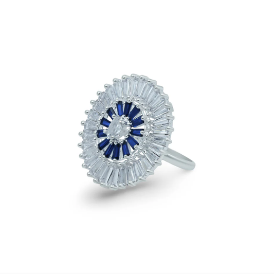 Radiant Sunburst Cocktail Ring with Blue & White Stones