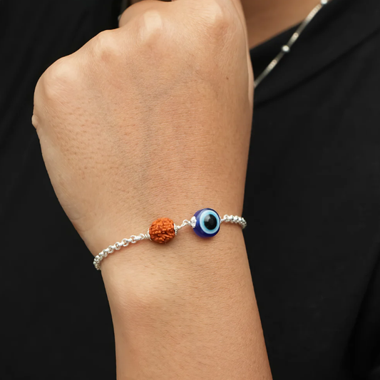 Elegant Evil Eye Charm Silver Bracelet Adorned with Rudraksha