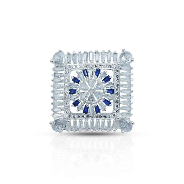 Royal Square Cocktail Ring with Blue & White Stones