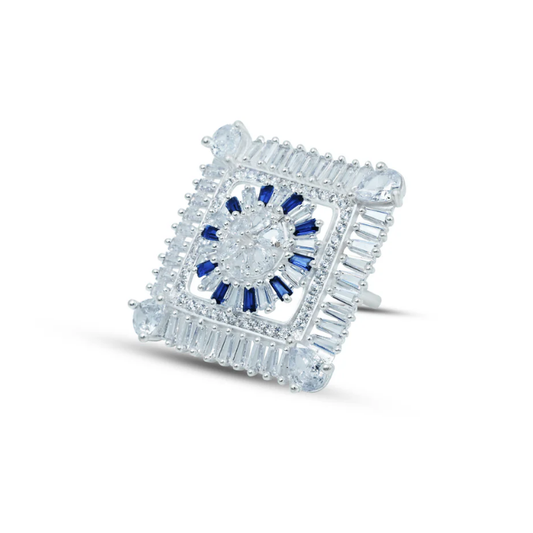 Royal Square Cocktail Ring with Blue & White Stones