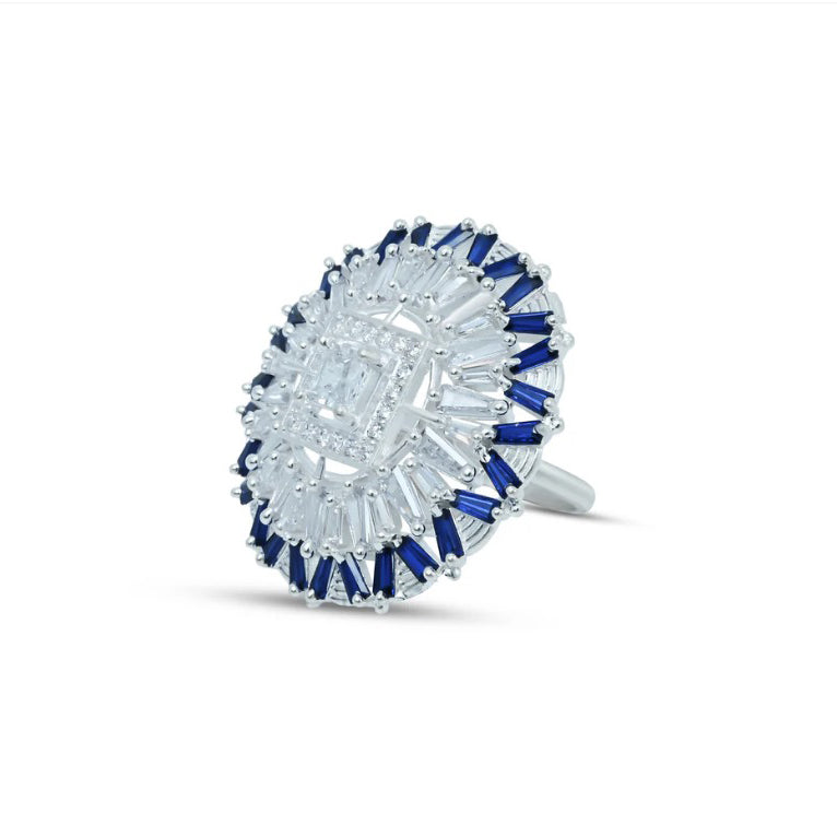 Glamorous Round Cocktail Ring with Blue & White Stones