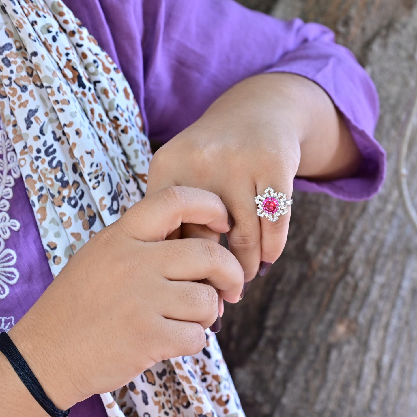 Silver Floral Ruby Stone Ring