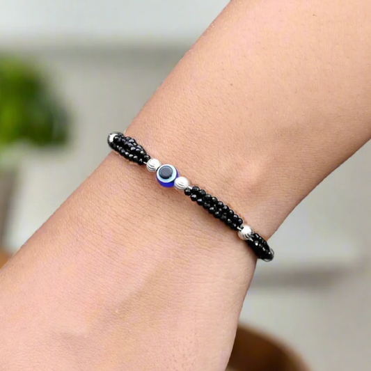 Sterling Silver Evil Eye with Black Beads Bracelet