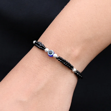 Sterling Silver Evil Eye with Black Beads Bracelet