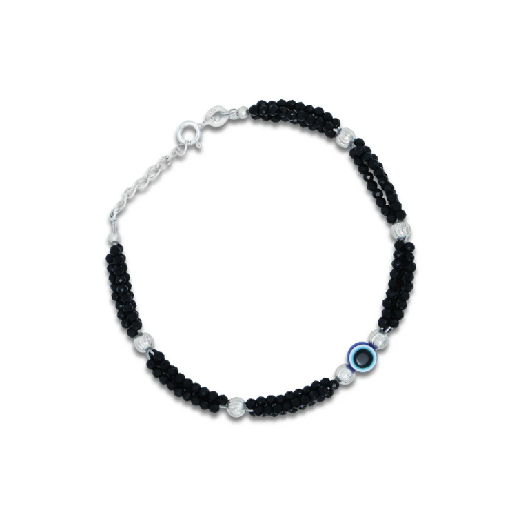 Sterling Silver Evil Eye with Black Beads Bracelet
