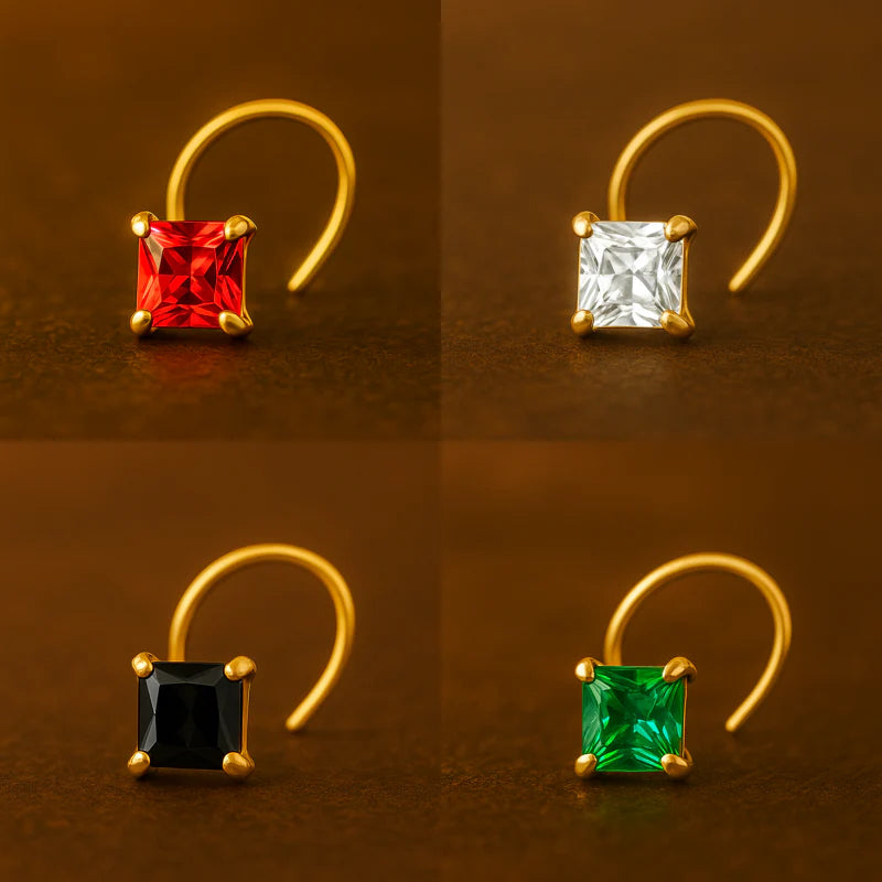 (4 Pcs ₹499 combo) Gold Polish Nose Pin with Square Multicolour Stones
