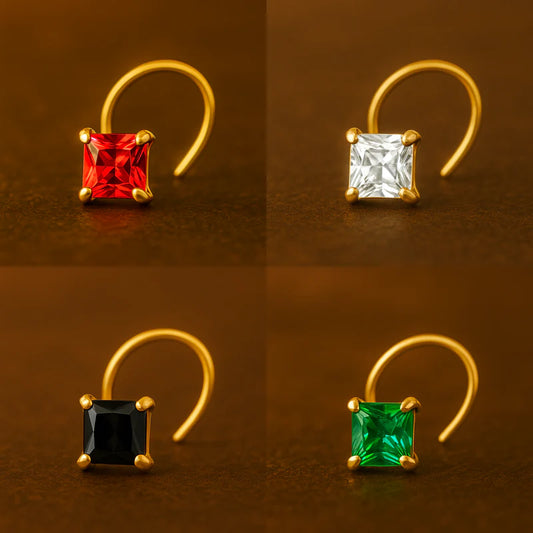 (4 Pcs ₹499 combo) Gold Polish Nose Pin with Square Multicolour Stones