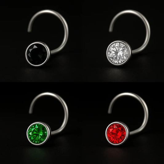 (4 Pcs ₹199 combo) Silver Nose Pin with Round Multicolour Stones