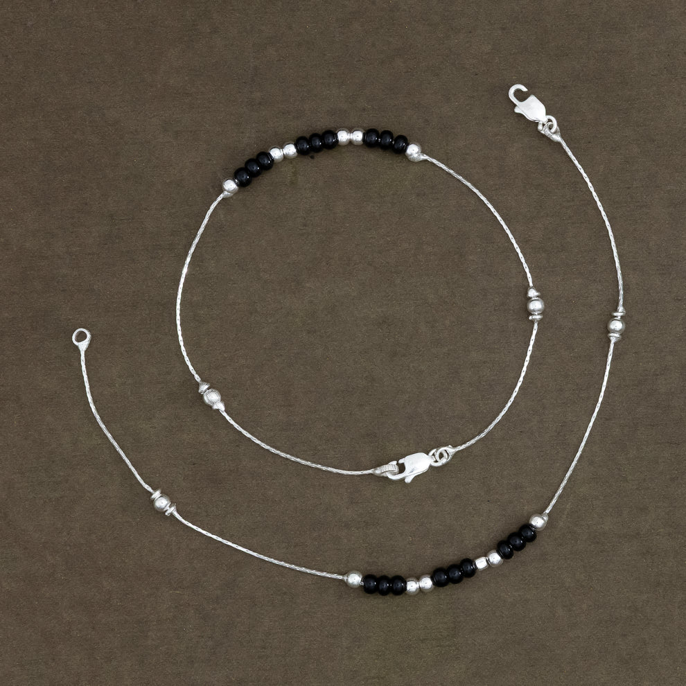 Black & Silver Beads Silver Anklet