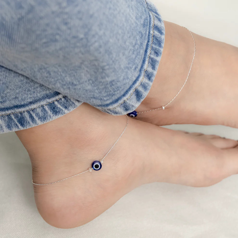 Silver Evil Eye Blue Bead Minimal Anklet for Women & Girls