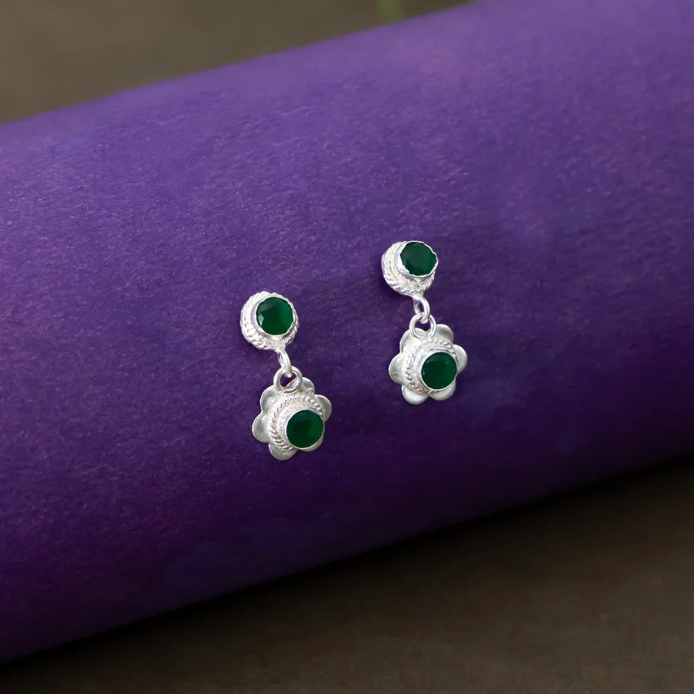 Silver Bloom Green Stone Earrings