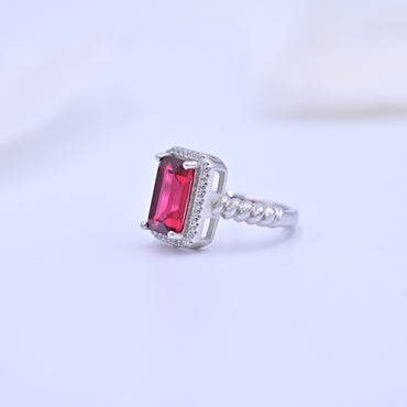 Sterling Silver Emerald-Cut Ruby Red Halo Ring