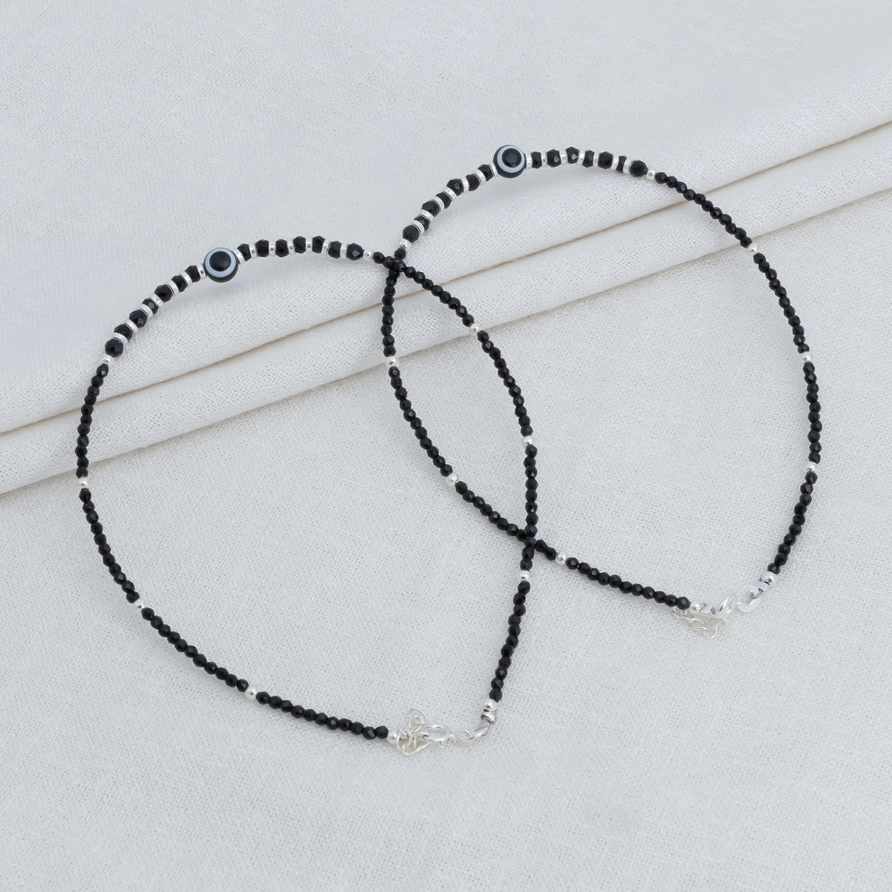 Elegant Evil Eye Silver Anklet with Black Beads