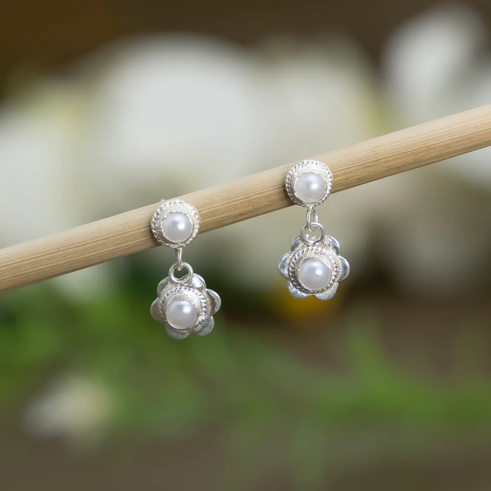 Silver Pearl Blossom Earrings