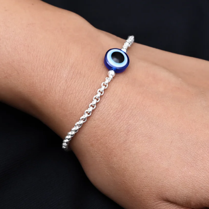 Silver Center Round Shape Blue Evil Eye Bracelet