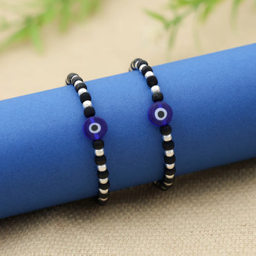Silver Moti Blue Evil Eye Charm Bracelet