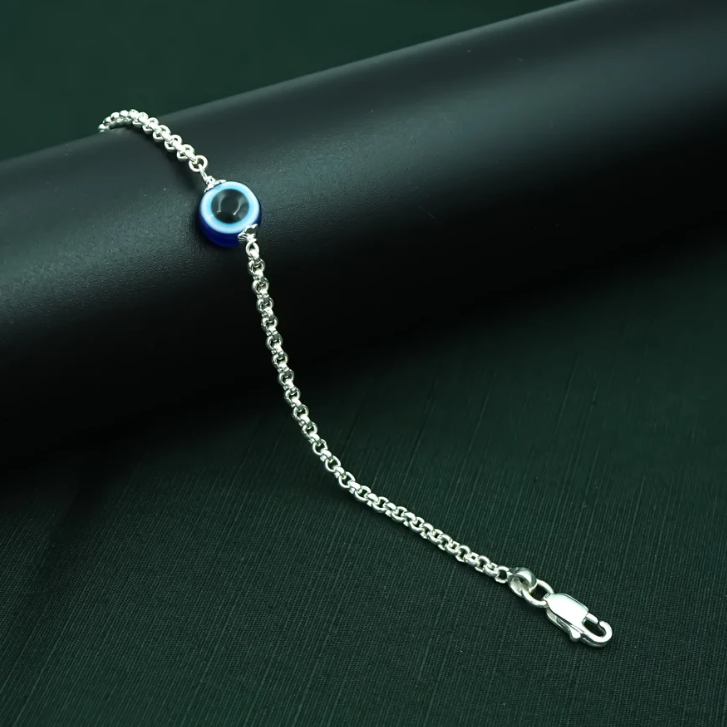 Silver Center Round Shape Blue Evil Eye Bracelet
