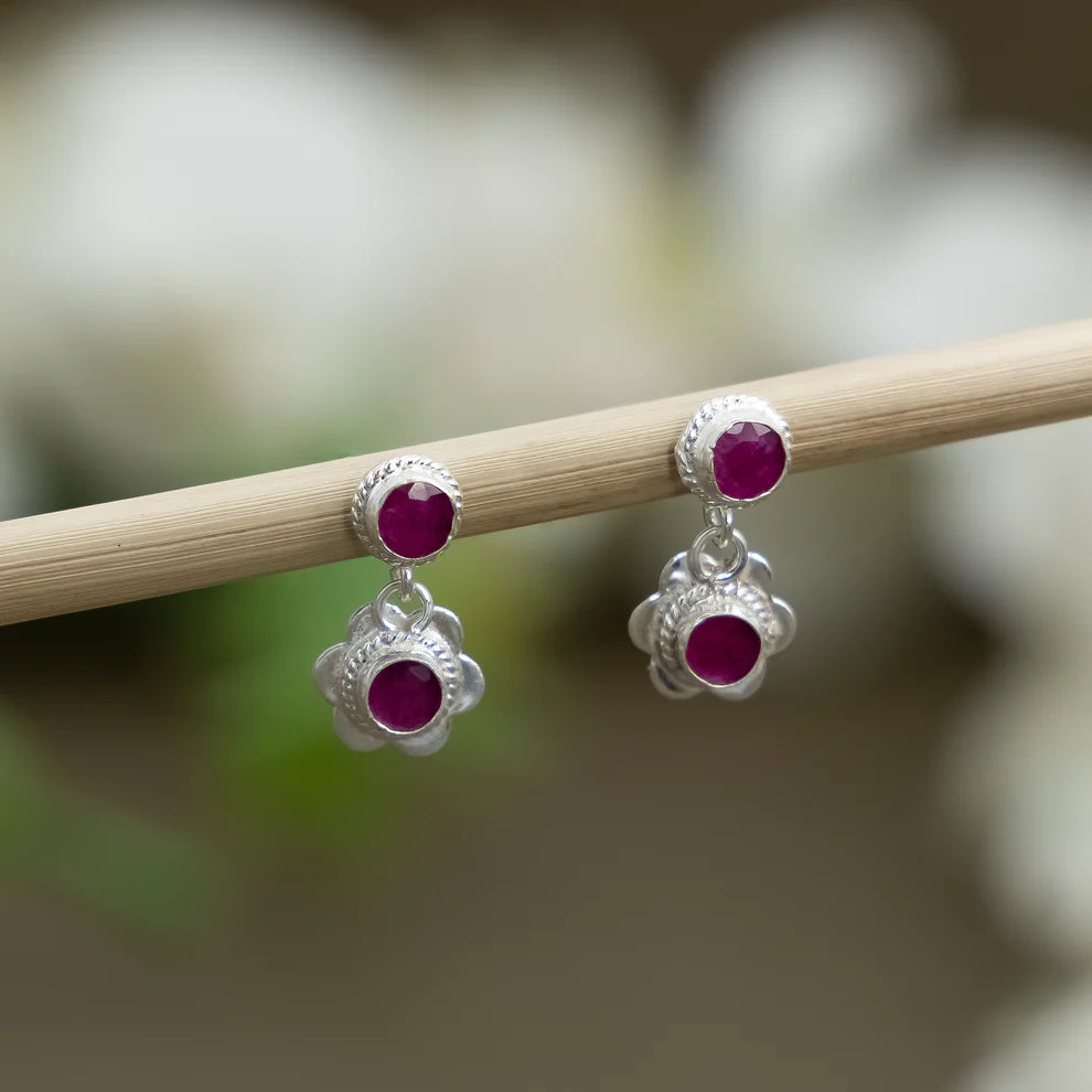 Silver Bloom Ruby Earrings
