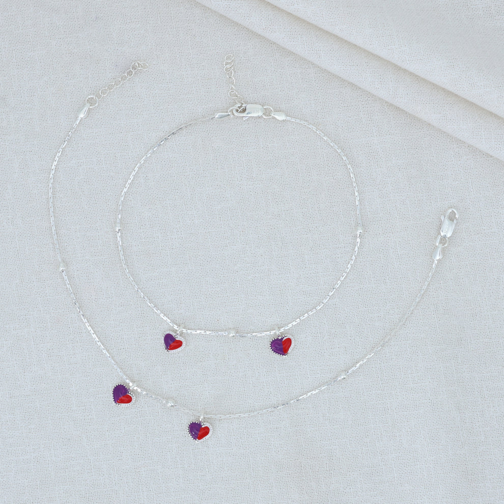 Two-Tone Love Heart Silver Anklet