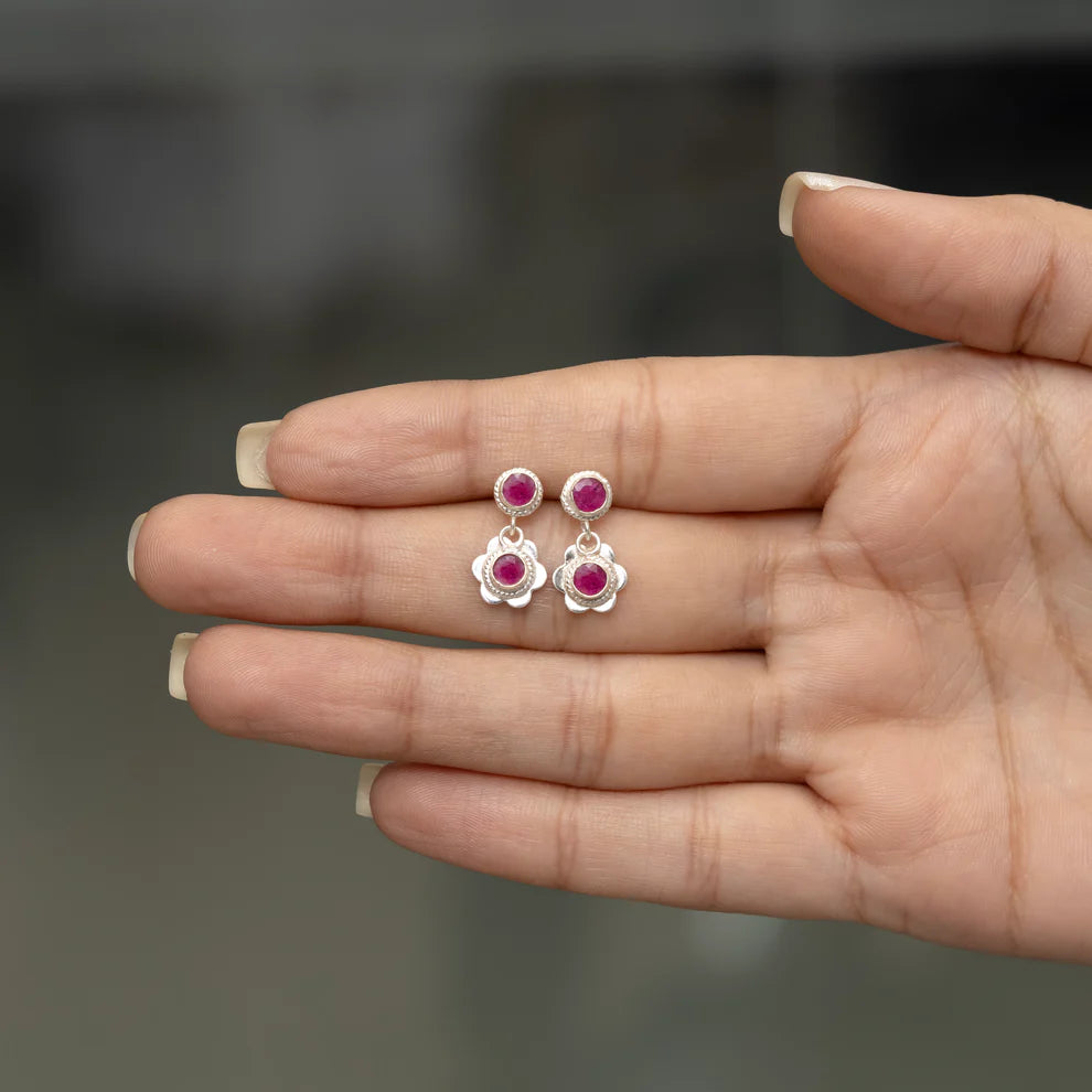 Silver Bloom Ruby Earrings