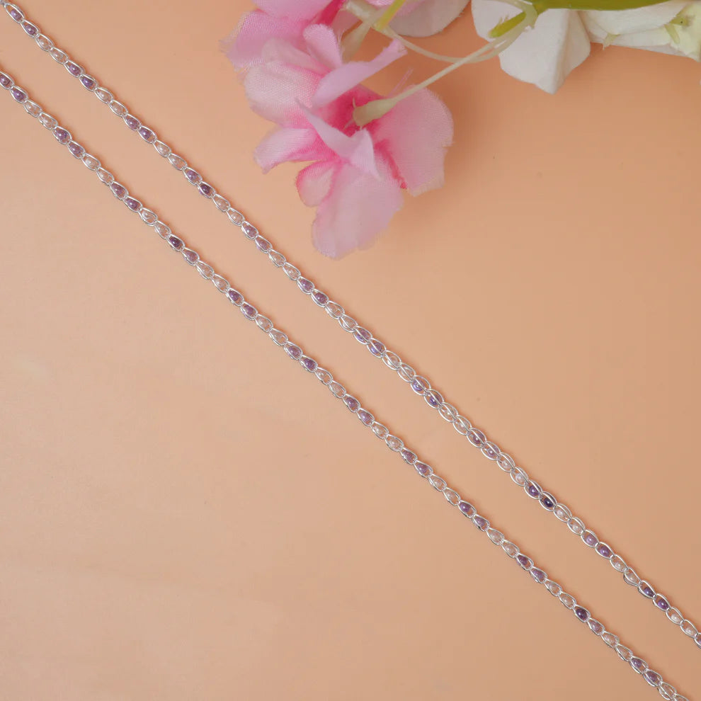 Minimal Silver Anklet with Purple Moti – Elegant and Simple Design.