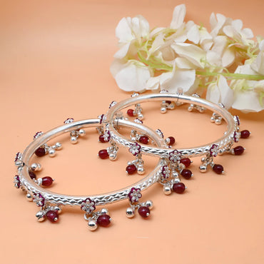 Silver Kada Payal with Pink Silver Flower & Red Stone Ghungroo