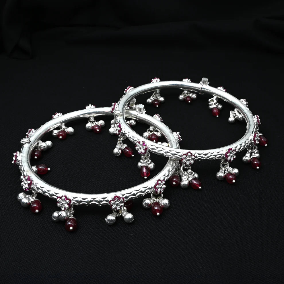 Silver Kada Payal with Pink Silver Flower & Red Stone Ghungroo