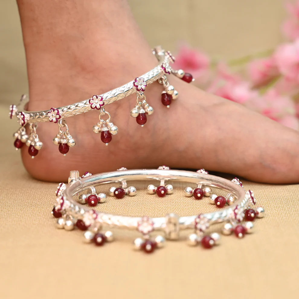 Silver Kada Payal with Pink Silver Flower & Red Stone Ghungroo