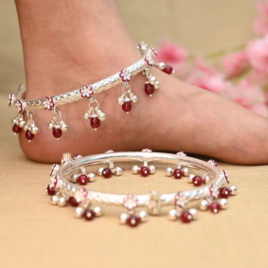 Silver Kada Payal with Pink Silver Flower & Red Stone Ghungroo