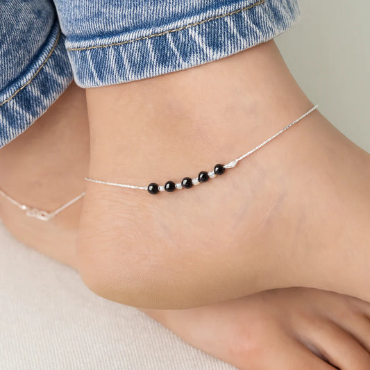 Daily Wear Silver Chain Anklet with Black Beads