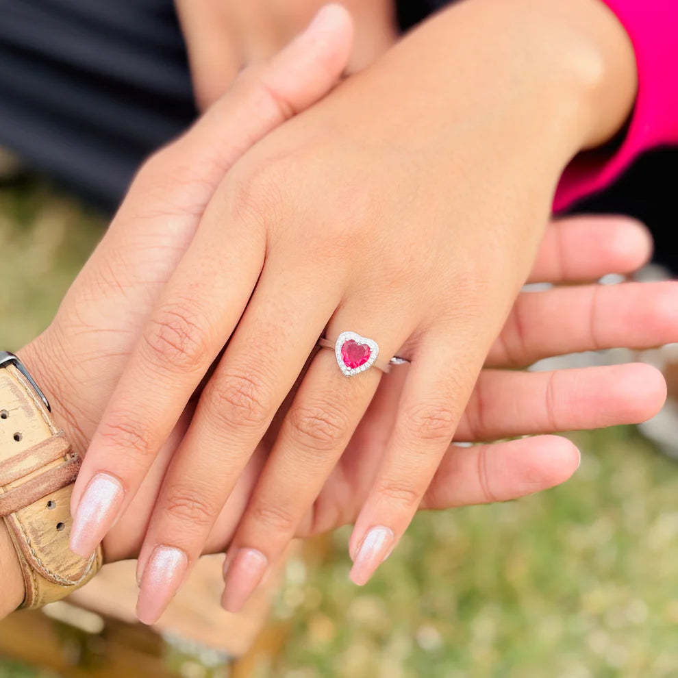 Silver Heart-Shaped Ring with Pink Heart Stone Center