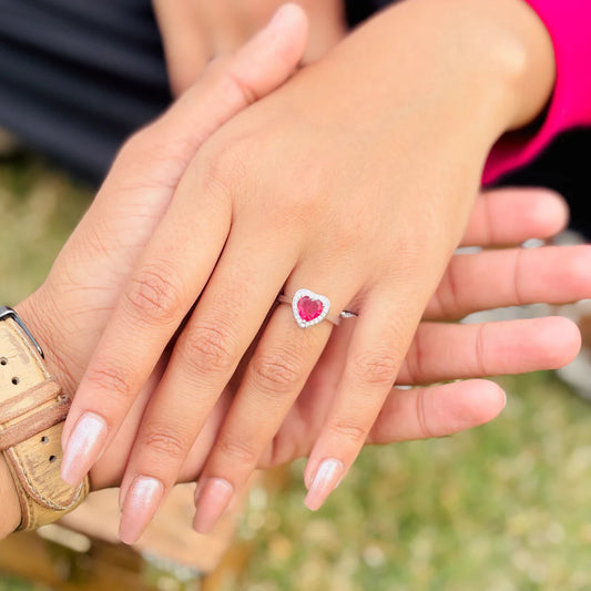 Silver Heart-Shaped Ring with Pink Heart Stone Center