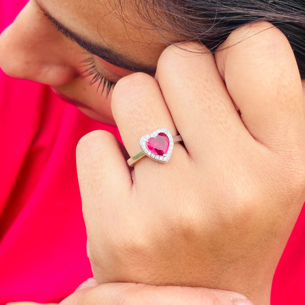 Silver Heart-Shaped Ring with Pink Heart Stone Center