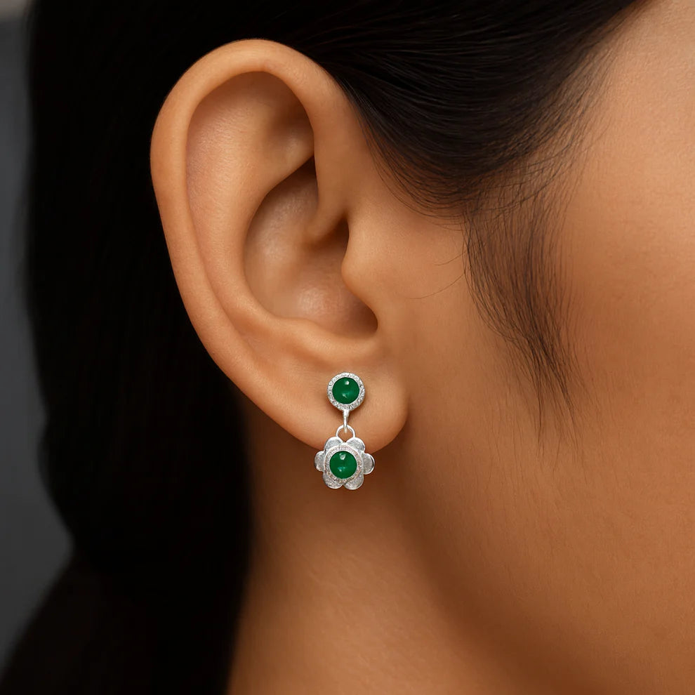 Silver Bloom Green Stone Earrings