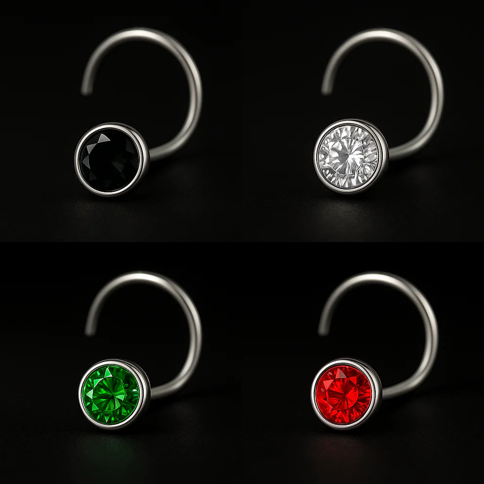 (4 Pcs ₹199 combo) Silver Nose Pin with Round Multicolour Stones